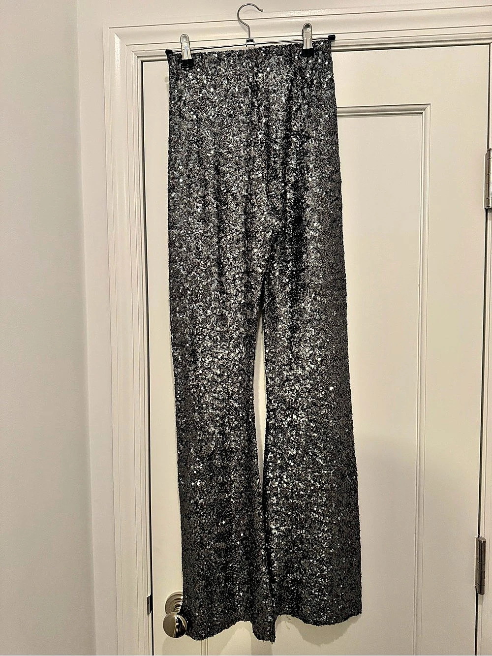 Zara Sequin Wide Leg Pants in Black & Silver
